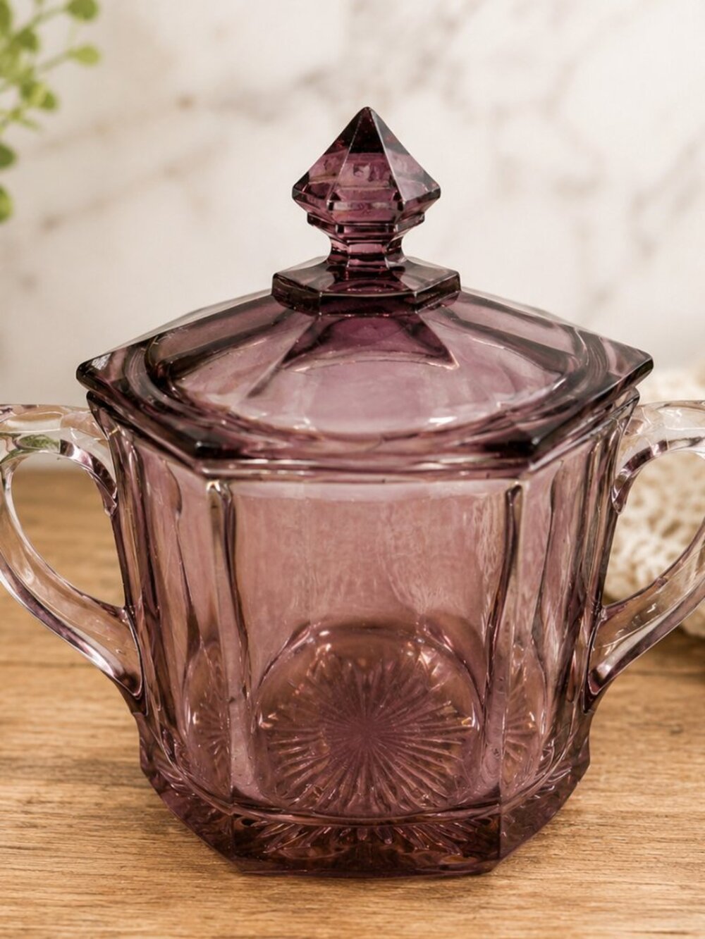 SB-54--Vintage Jeannette Pink Cube Cubist Depression Glass Covered Sugar Bowl Ar